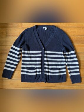 Striped Navy and White V-Neck Button Cardigan